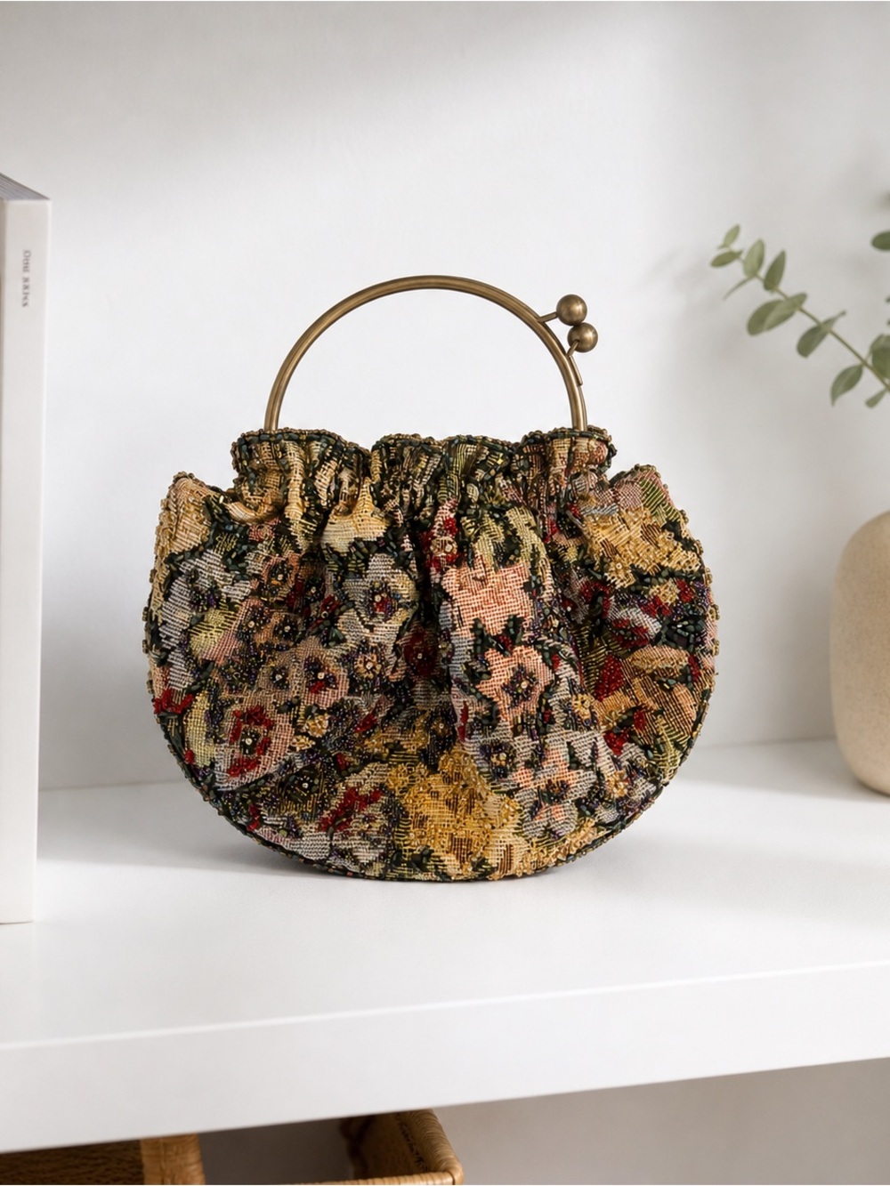 Vintage Multicolor Floral Tapestry Wristlet with Brass Ring Handle